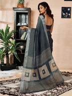Satrani Womens Linen One Minute Pre Stitched Zari Stripe Border Printed Ready To Wear Saree With Attached pocket & Unstitched B