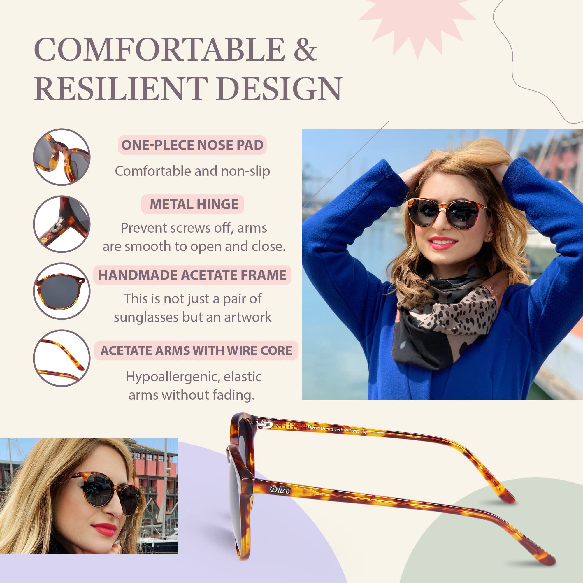 DUCO Retro Round UV400 Polarized Sunglasses for Women Men Vintage Shades Classic Acetate Trendy Fashion Sunglass DC1230