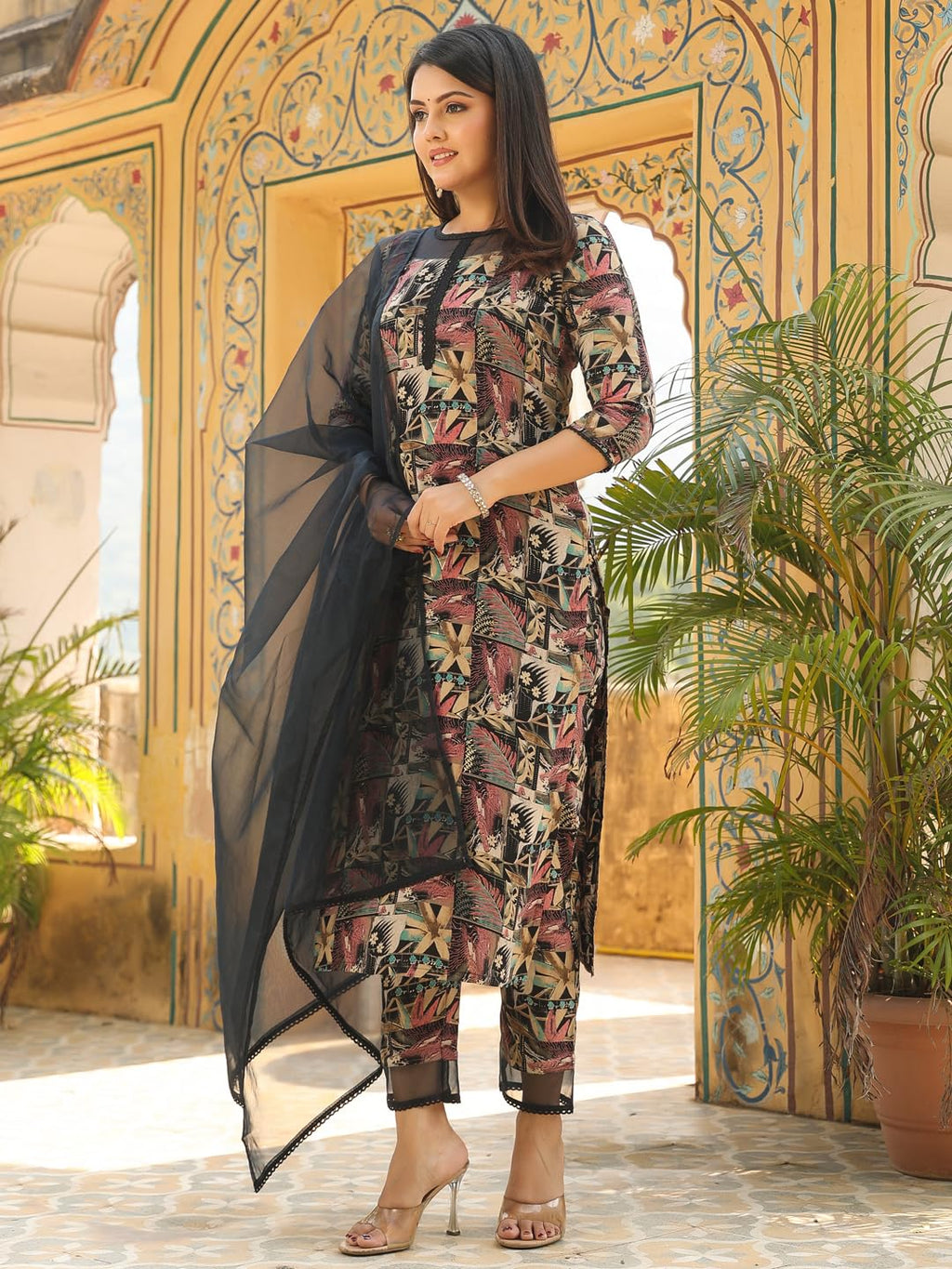 ANNI DESIGNER Womens Rayon Blend Printed Straight Kurta with Pant & Dupatta (Keech Black_M_Black_Medium)