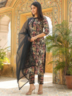 ANNI DESIGNER Womens Rayon Blend Printed Straight Kurta with Pant & Dupatta (Keech Black_M_Black_Medium)