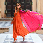 ANNI DESIGNER Womens Rayon Blend Anarkali Solid Kurta with Pant & Dupatta (MAADHVI Orange_M_Orange_Medium)