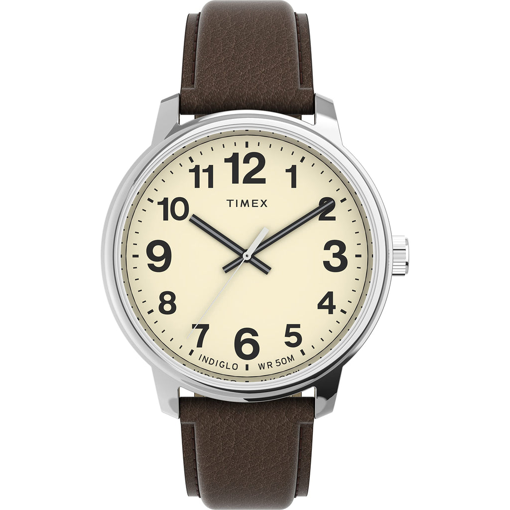 Timex Men's Easy Reader Bold 43mm Watch - Silver-Tone Case Cream Dial with Brown Leather Strap