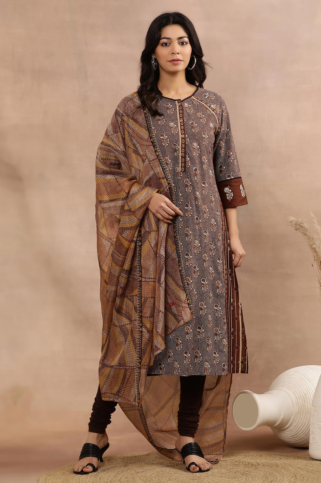 W For Woman W Women Brown Printed Viscose A-Line Kurta Set With Churidar & Dupatta