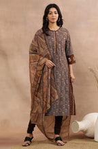W For Woman W Women Brown Printed Viscose A-Line Kurta Set With Churidar & Dupatta