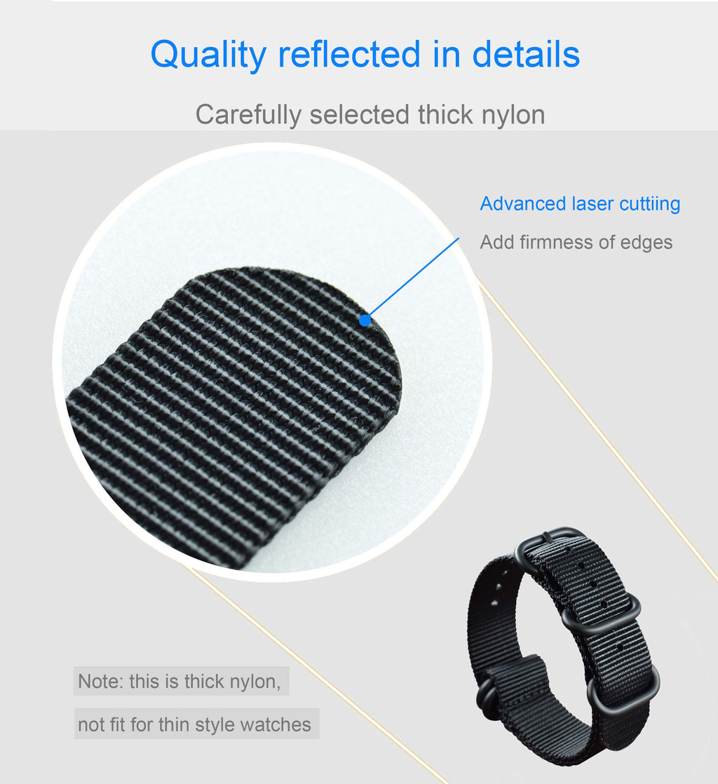 MZBUTIQ 28mm Black Nylon Watch Strap Men's Watch Band Replacement PVD Buckle 5 Rings