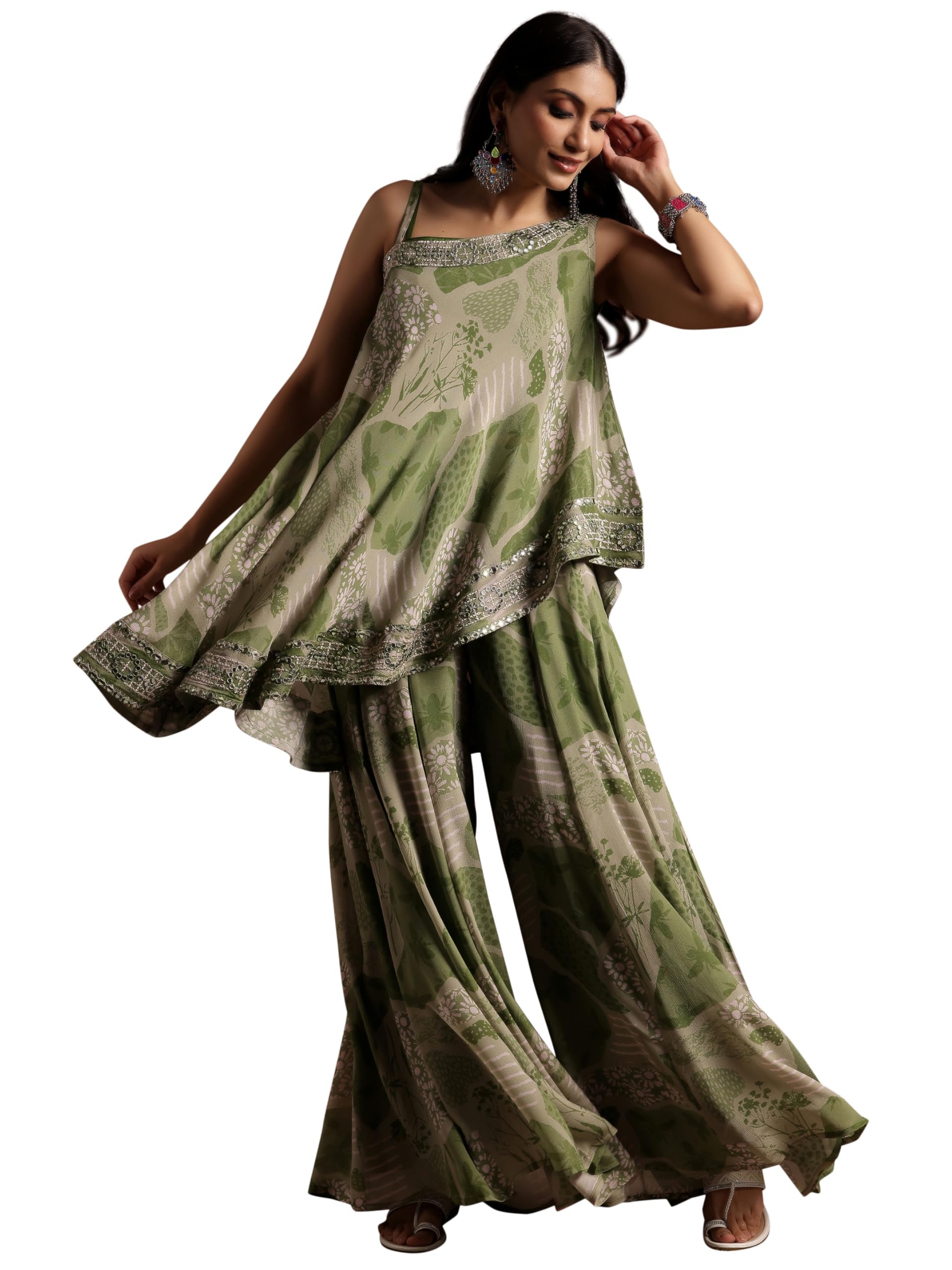 Libas Women Silk Blend Printed Co-Ords Set (27859_Green, Medium