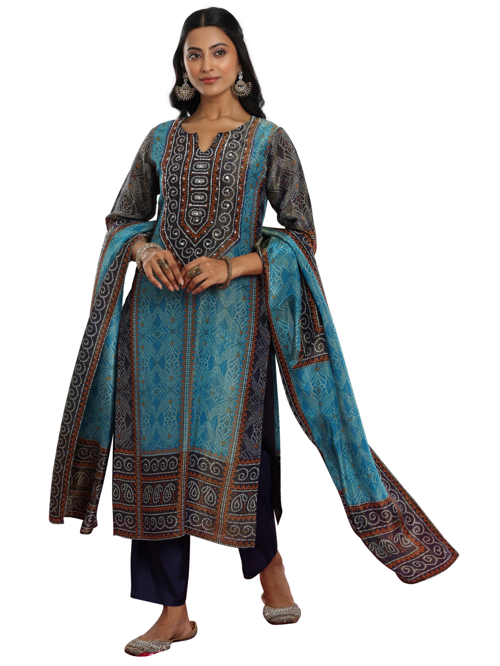 Libas Blue Bandhani printed straight kurta with solid trouser and printed dupatta