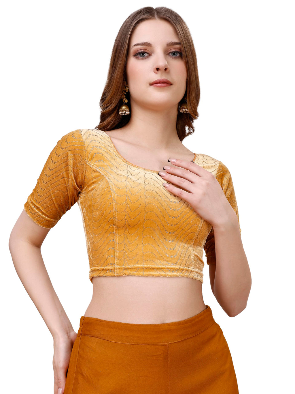 Pujia Mills WomenS Readymade Hosiery Velvet Lycra Stretchable Round Neck Half Sleeve Blouse With Jari Work Fancy Gold Color Lyc