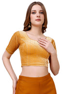 Pujia Mills WomenS Readymade Hosiery Velvet Lycra Stretchable Round Neck Half Sleeve Blouse With Jari Work Fancy Gold Color Lyc