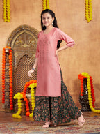 Aarika Girls Casual Wear Peach Colour Embellished Cotton Kurti (9-16 Years)