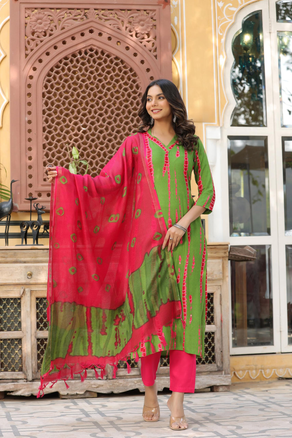 ANNI DESIGNER Ladies Cotton Blend Kurta with Trousers and Dupatta, green, S