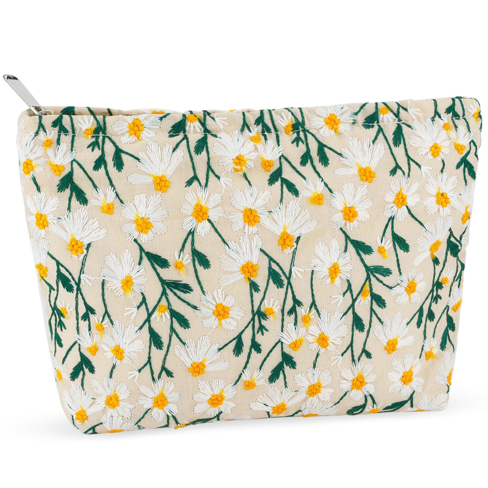 ZLFSRQ Daisy Flower Makeup Bag Travel Cute Floral Cosmetic Bag for Women Girls Small Embroidery Makeup Zipper Portable Storage T
