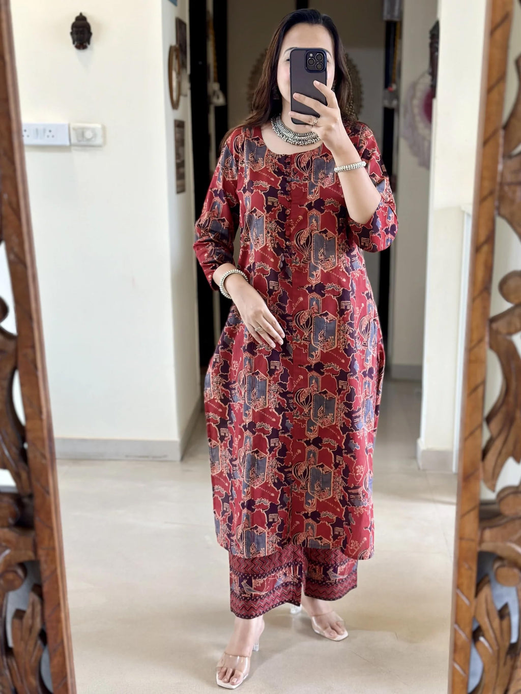 ANNI DESIGNER Womens Rayon Viscose Straight Printed Kurta with Pant (Palhar Red_XXL_Red_XX-Large)