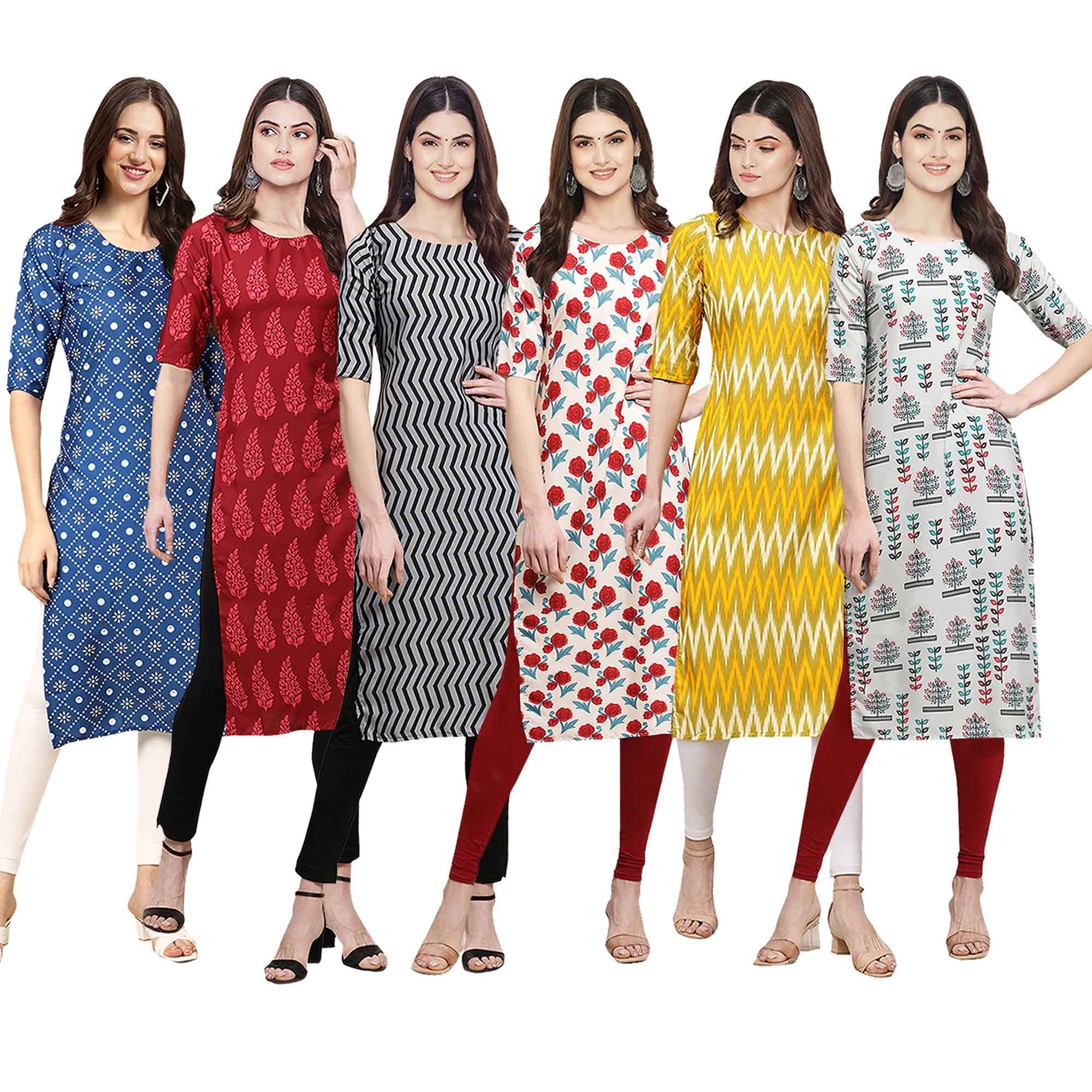 Pinkmint Womens Crepe Digital Print Straight Kurta [Pack of 6] (CKE-353-337-336-342-329-340-S)