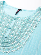 Ishin Women Blue Ethnic Motifs Embroidered Mirror Work Pure Cotton Kurta With Sharara & With Dupatta