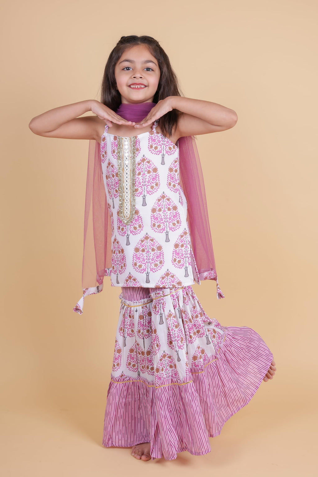 Tagas Rayon Sleeveless Top And Sarara Printed Set With Dupatta | Traditional Ethnic Wear For Girls Dress ((Ke)-1200-Purple-11_Pu