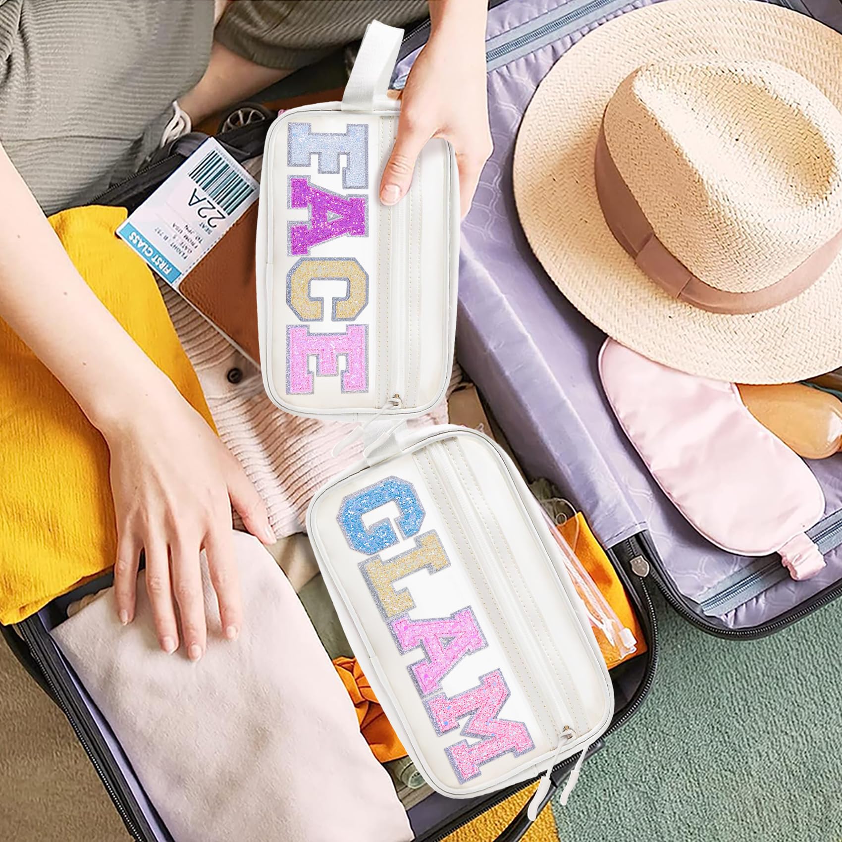 COSHAYSOO Clear Preppy Patch Makeup Bag Cosmetic Pouch with Glitter Bling Letters for Women Teen Girls Sister, Make Up Travel St