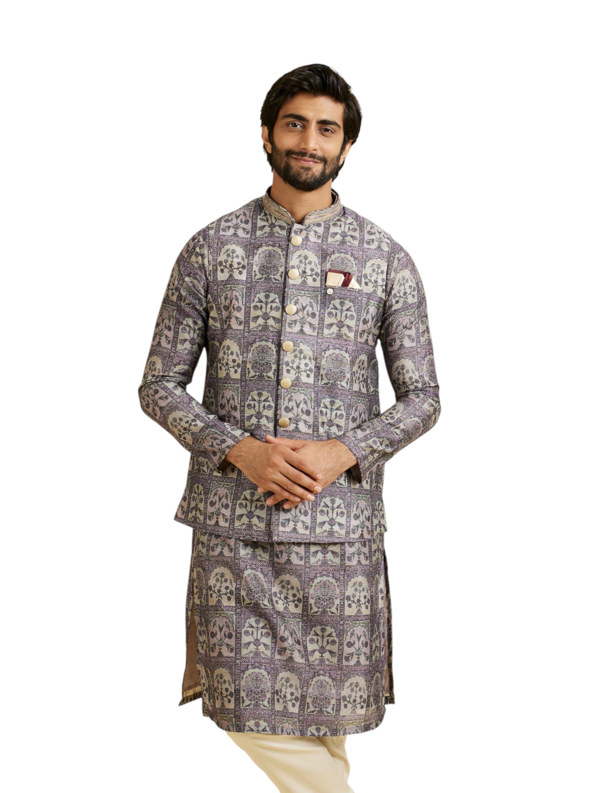 Manyavar Mens Art Silk Floral Motifs Printed Jacket (Lilac,XXXL)