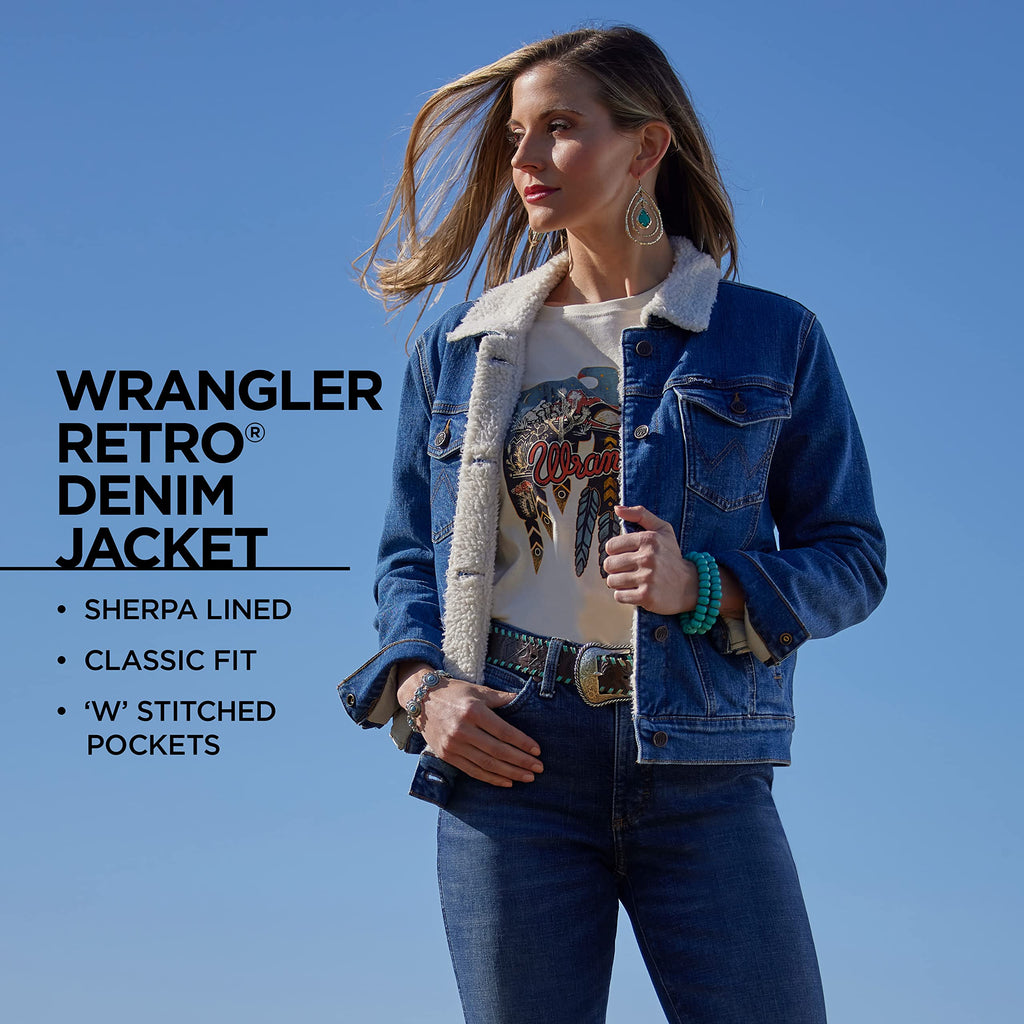 Wrangler Women's Retro Sherpa Lined Jacket, Bleach Denim, Medium