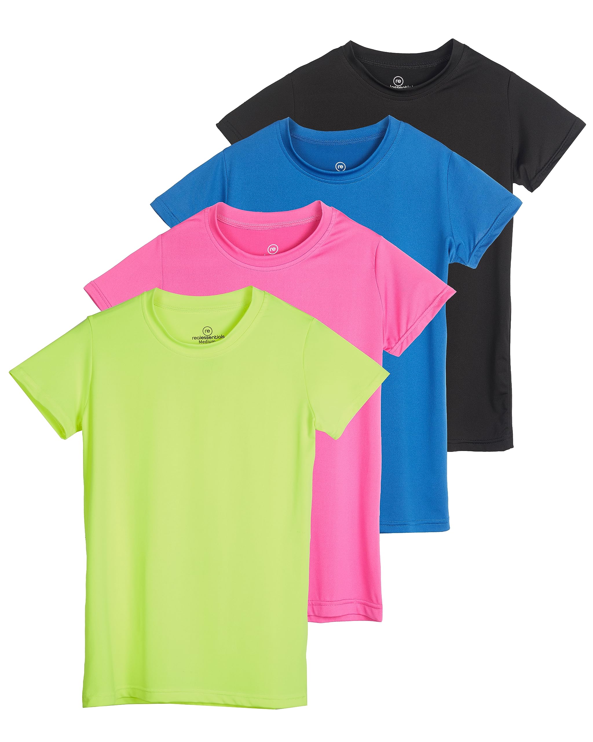 Real Essentials 4 Pack: Girls Short Sleeve Shirts Tees Active Quick Dry Fit Crew Neck T-Shirt Active Athletic Tops Soccer Sports