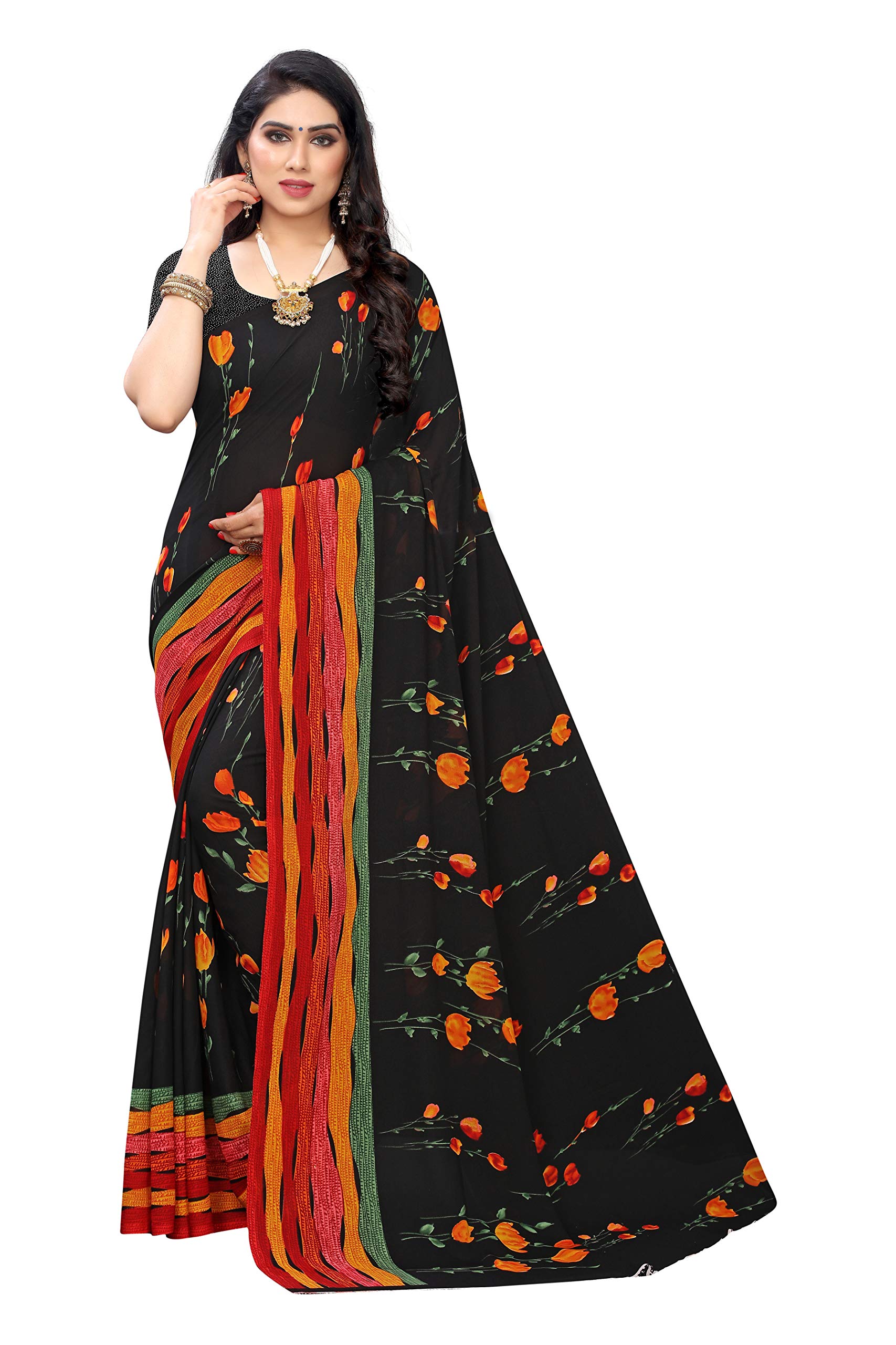 Anni Designer WomenS Black Color Chiffon Printed Saree With Blouse (Mite Black_Free Size)