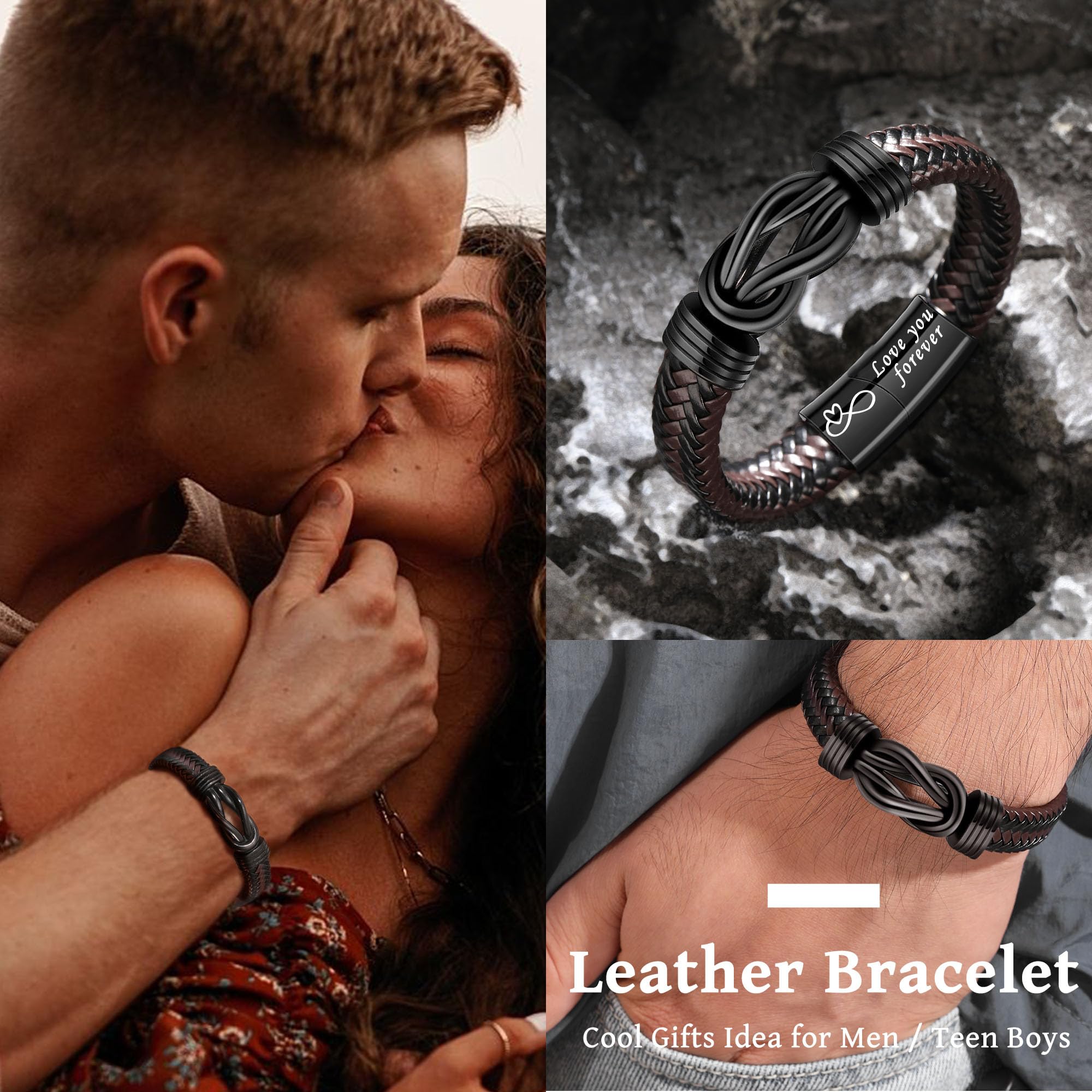 Btysun Gifts for Husband Leather Bracelets for Men Handmade Braided Bracelet I Love You Gifts for Him Anniversary Birthday Knot