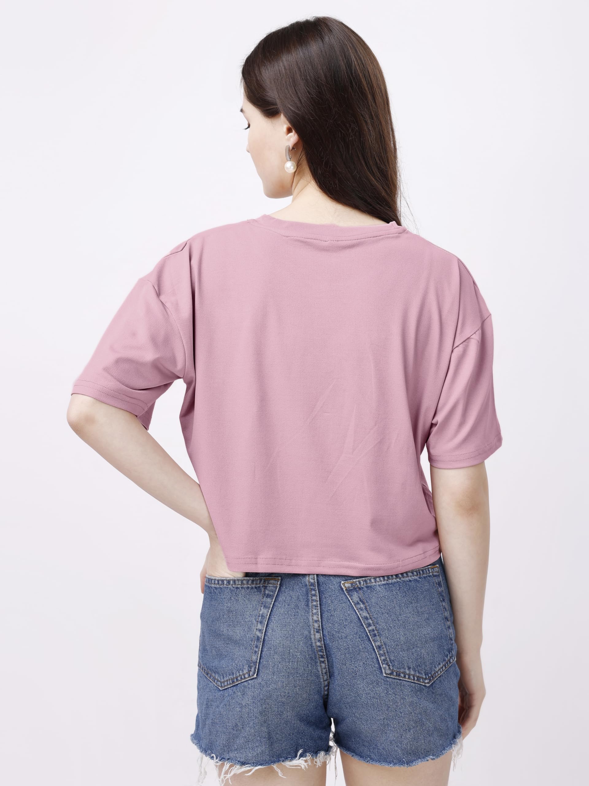 ELLITI Soft Rich Cotton Rose Gold Half Sleeve | Round Neck | Oversized/Loose Fit | Down Solder | Plain/Soild Crop Top for Women