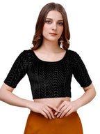 Pujia Mills WomenS Readymade Hosiery Velvet Lycra Stretchable Round Neck Half Sleeve Blouse With Jari Work Fancy Black Color Ly