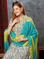 ANNI DESIGNER Ladies Rayon Blend Dupatta Kurta Trousers, green, L