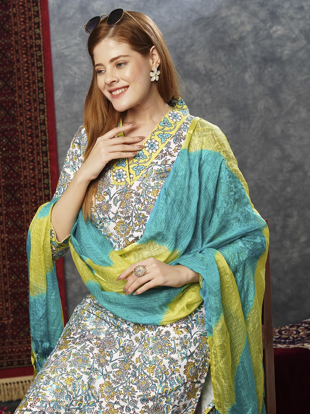 ANNI DESIGNER Ladies Rayon Blend Dupatta Kurta Trousers, green, L