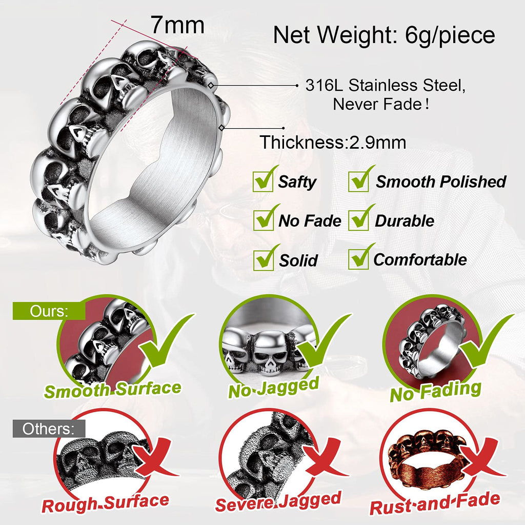 FaithHeart Skull Rings Punk Stainless Steel Biker Ring for Men Great Halloween Costume Decorations