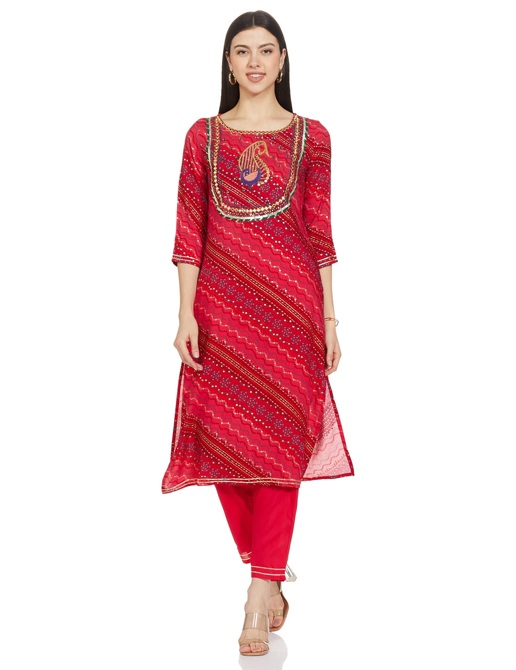 Anubhutee Women'S Rayon Pink Bandhani Embroidered Straight Kurta Suit Set With Pants