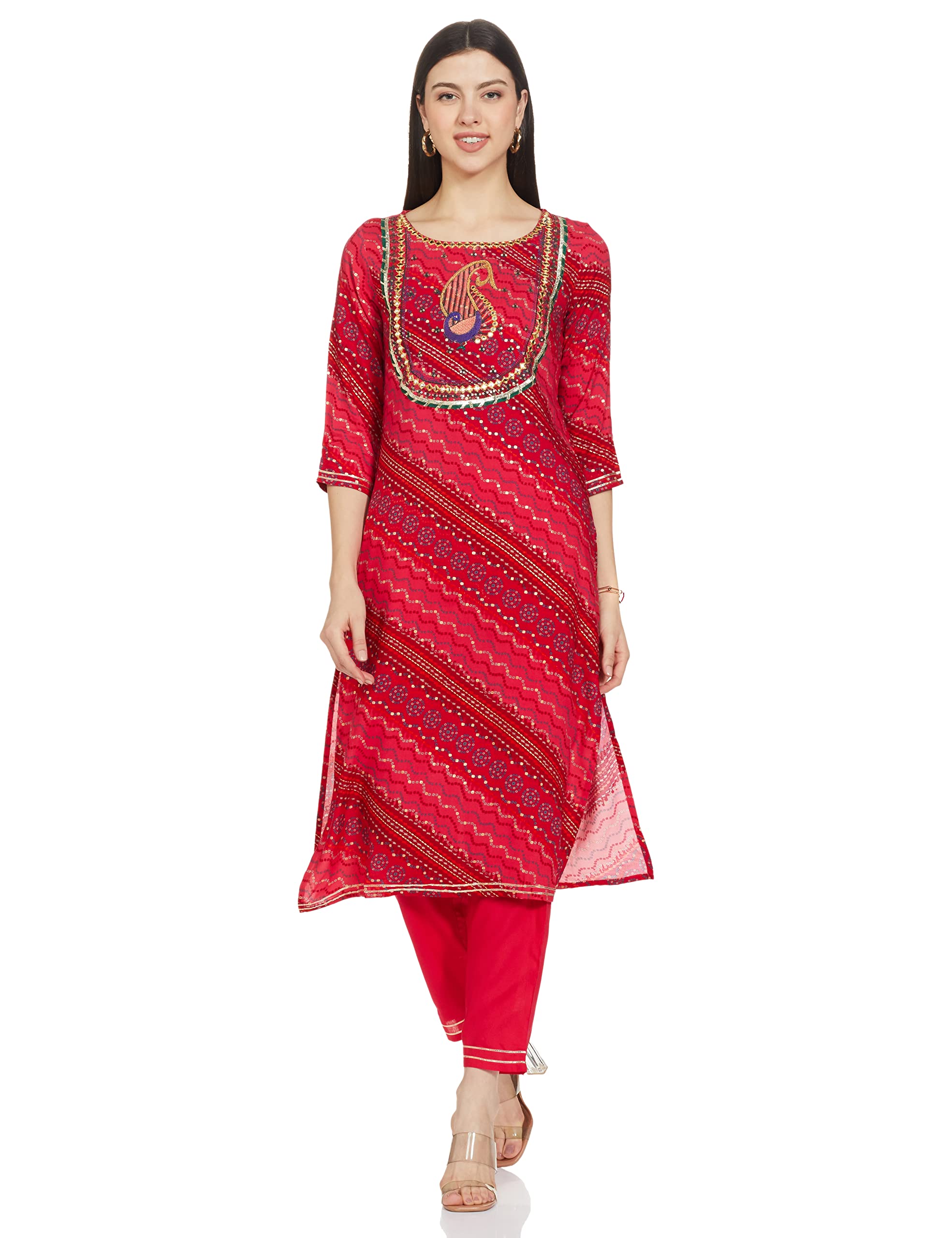 Anubhutee Women'S Rayon Pink Bandhani Embroidered Straight Kurta Suit Set With Pants