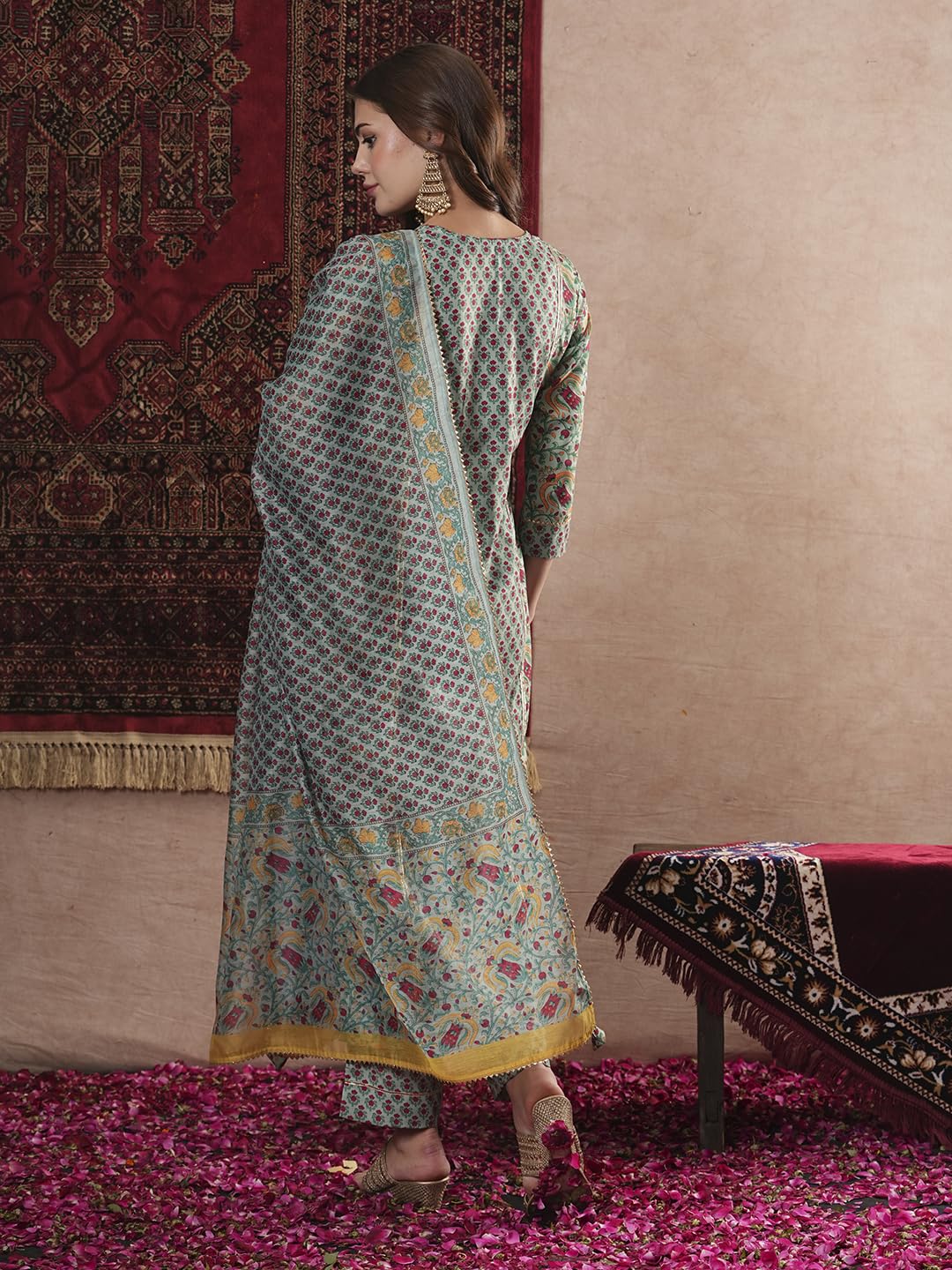 ANNI DESIGNER Womens Cotton Blend Straight Printed Kurta with Pant & Dupatta (SANGHVI Green_XXL_Green_XX-Large)