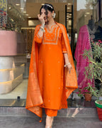 ANNI DESIGNER Women s Kurta with Trousers and Dupatta, Orange, Medium