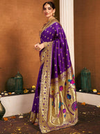 Satrani Womens Silk Paithani Jacquard Weaving Saree with Unstitched Blouse Piece