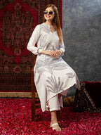 ANNI DESIGNER Ladies Cotton Blend Printed Straight Kurta with Trousers, White, M