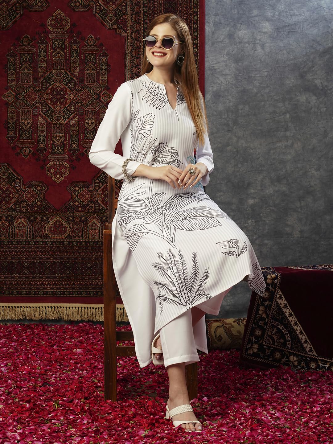 ANNI DESIGNER Ladies Cotton Blend Printed Straight Kurta with Trousers, White, M