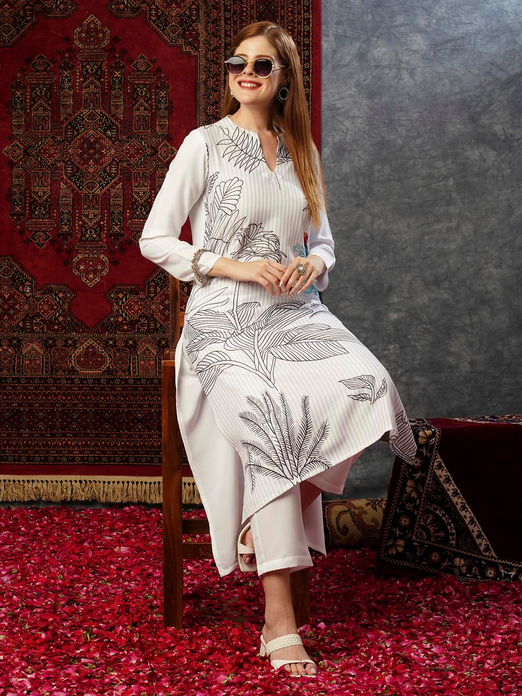 ANNI DESIGNER Ladies Cotton Blend Printed Straight Kurta with Trousers, White, XXL