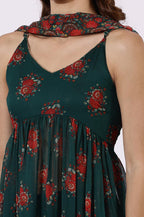 W Green Floral Printed A-Line Kurta, Straight Pant & Dupatta For Women