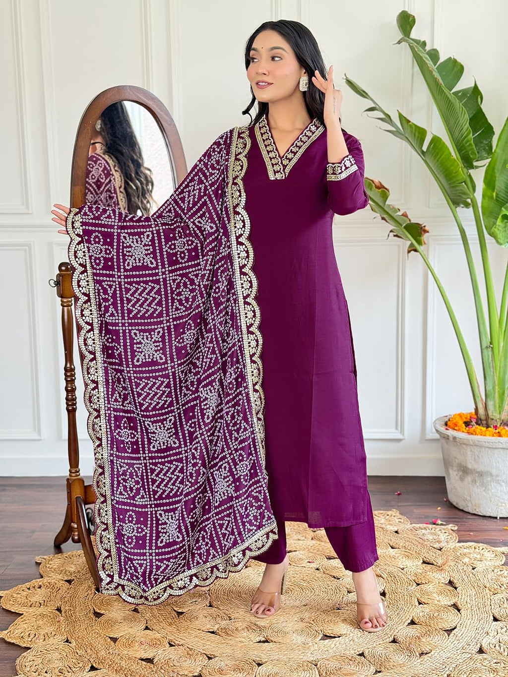 Naixa Womens Maroon Viscose Silk Embroidered Straight Kurta with Viscose Silk Pant and Chinon Printed Dupatta Sets (NX-586-Maro