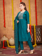 Aarika Girls Ethnic Wear Dark Green Colour Sequin Thread Embroidery With Gota Work Silk Kurti Pant Set (8-16 Years)