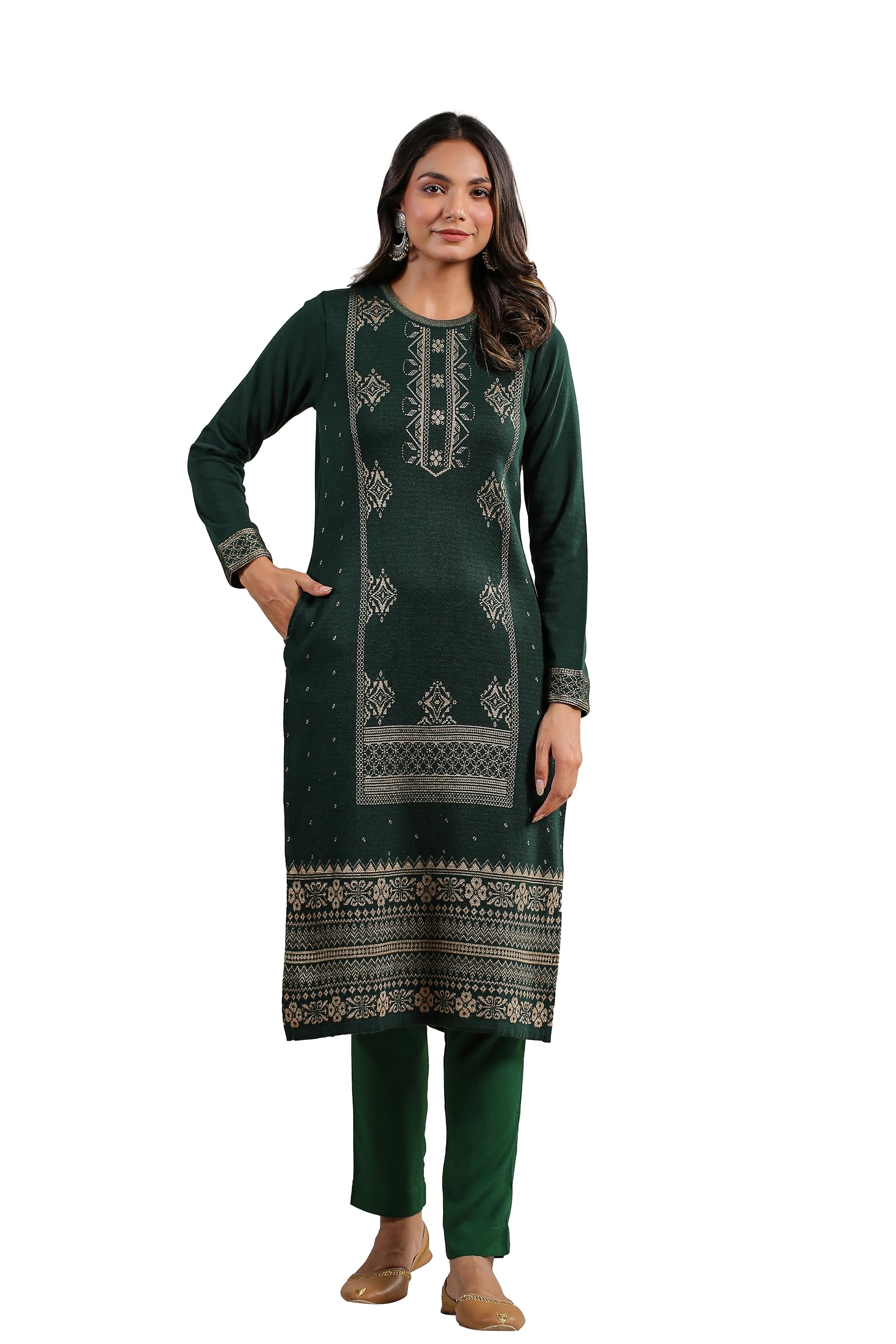 Ishin WomenS Green Jacquard Style Geometric Pattern Straight Winterwear Kurta