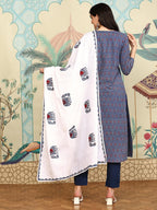 Ajrakh Inspired Printed Cotton Kurta And Pant With Hand Applique Dupatta | Kurta Set For Women | Kurta With Trousers And Dupatta