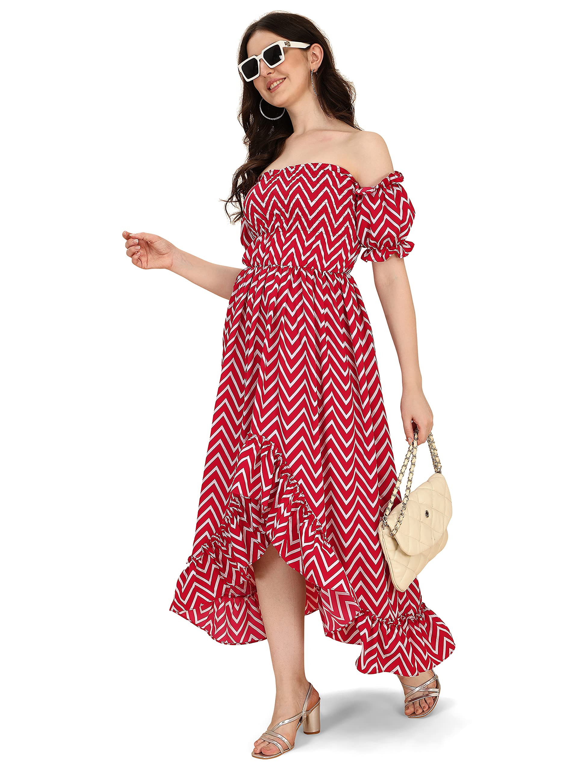 Oomph! Flared Dress For Women Stylish | Long One Piece For Women | Off Shoulder Puff Sleeve Long Dress | Floral Print Maxi One P