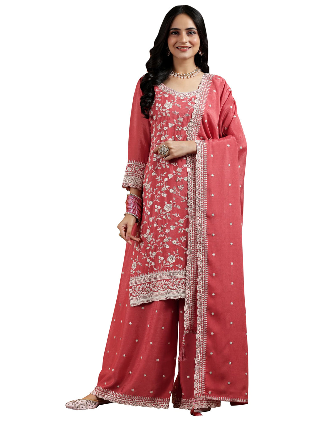 Libas Womens Embroidered Silk Blend Straight Kurta With Palazzos And Dupatta