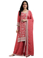 Libas Womens Embroidered Silk Blend Straight Kurta With Palazzos And Dupatta