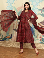 Ishin Women Red Cotton Kurta Sets With Dupatta
