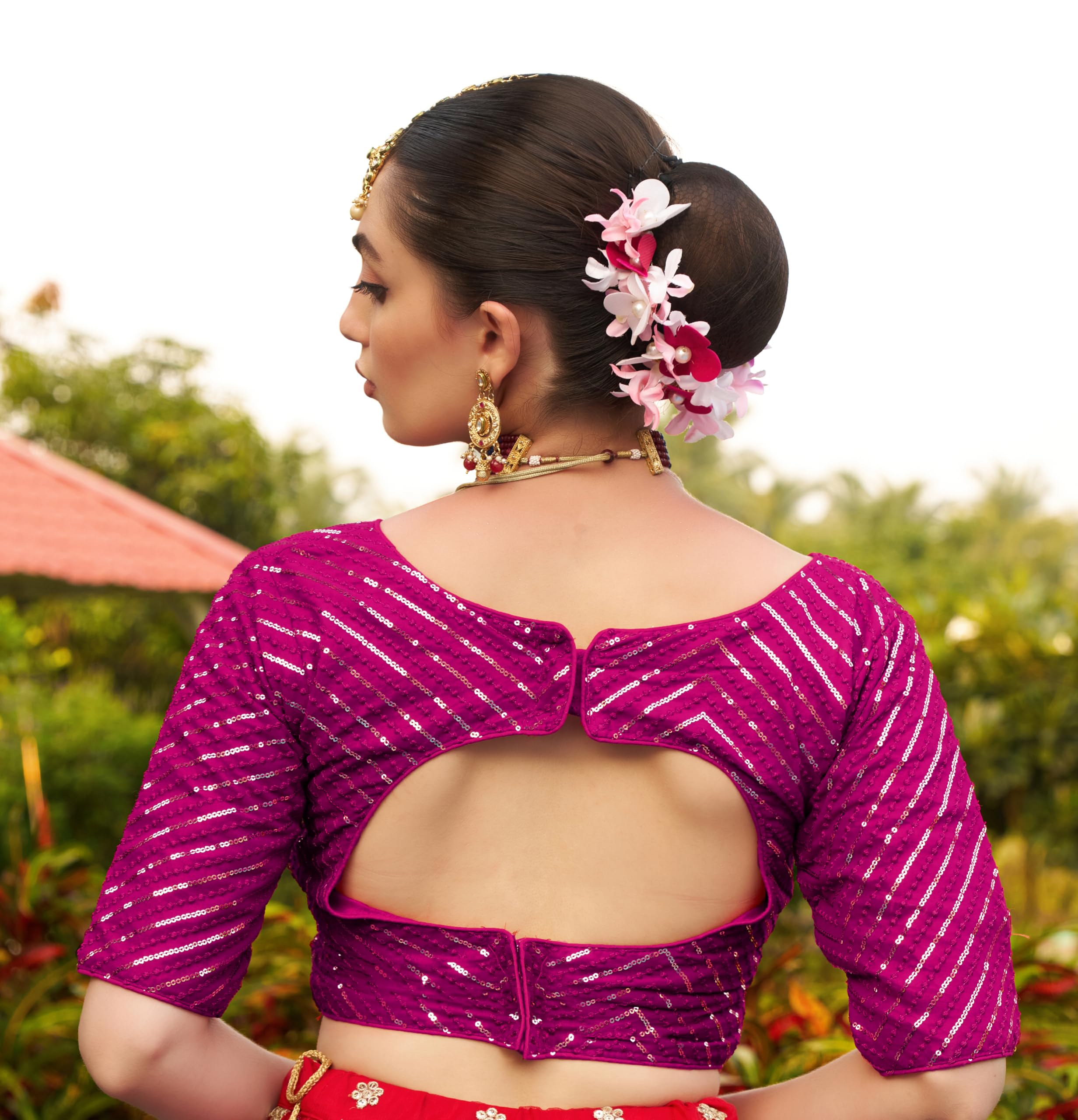 Pujia Mills Womens Fancy Readymade Georgette Half Sleeve Sequins Saree Blouse