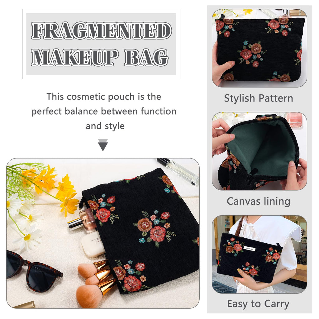 ZLFSRQ Makeup Bag Travel Cute Black Vintage Flower Floral Cosmetic Bags for Women Large Embroidery Toiletry Pouch Zipper Cosmeti